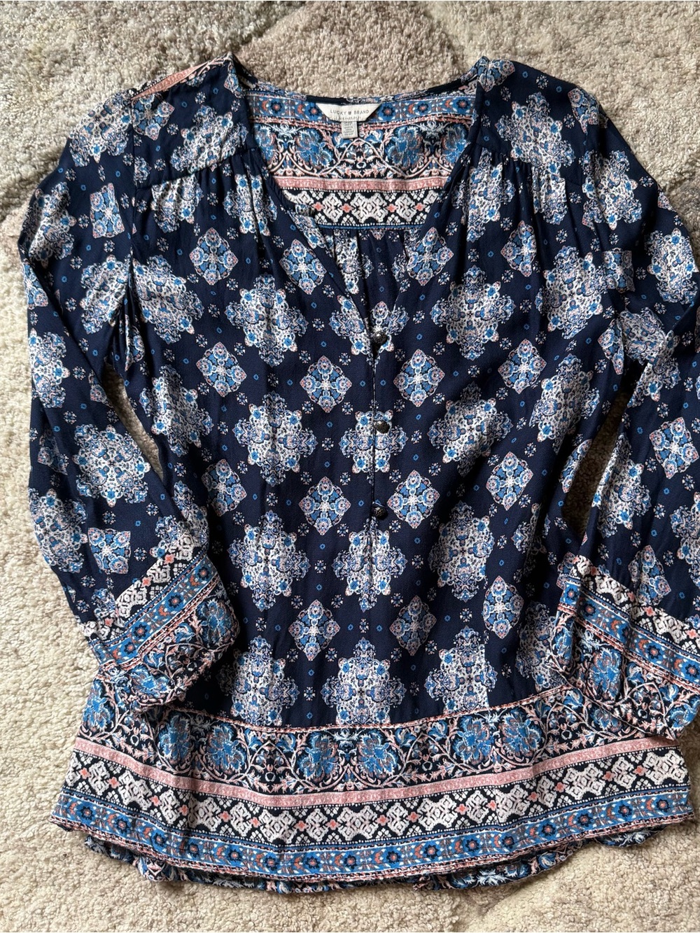 Lucky Brand Navy and Blue Floral Paisley Button-Front Top
